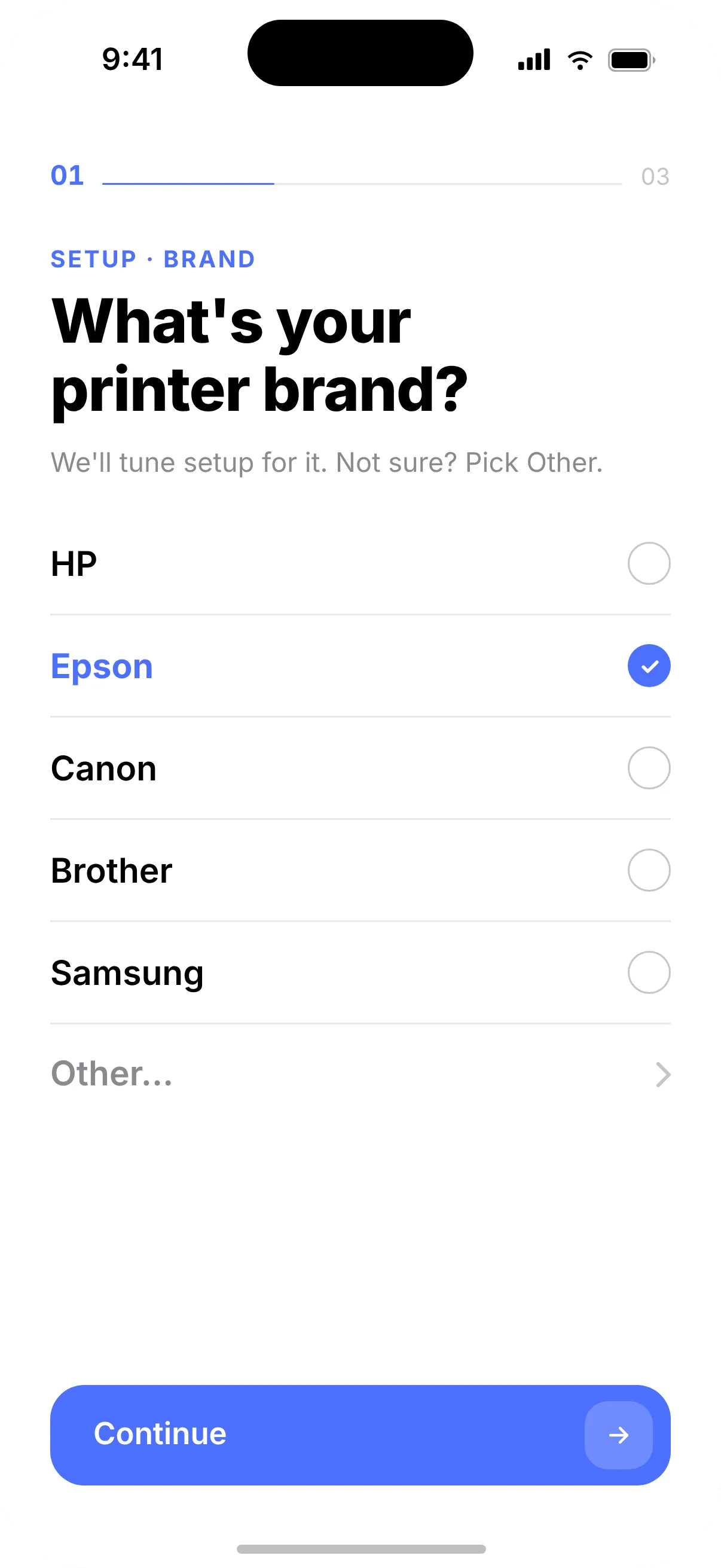 Setup step one in Printer: “What’s your printer brand?” with HP, Epson, Canon, Brother and Samsung
