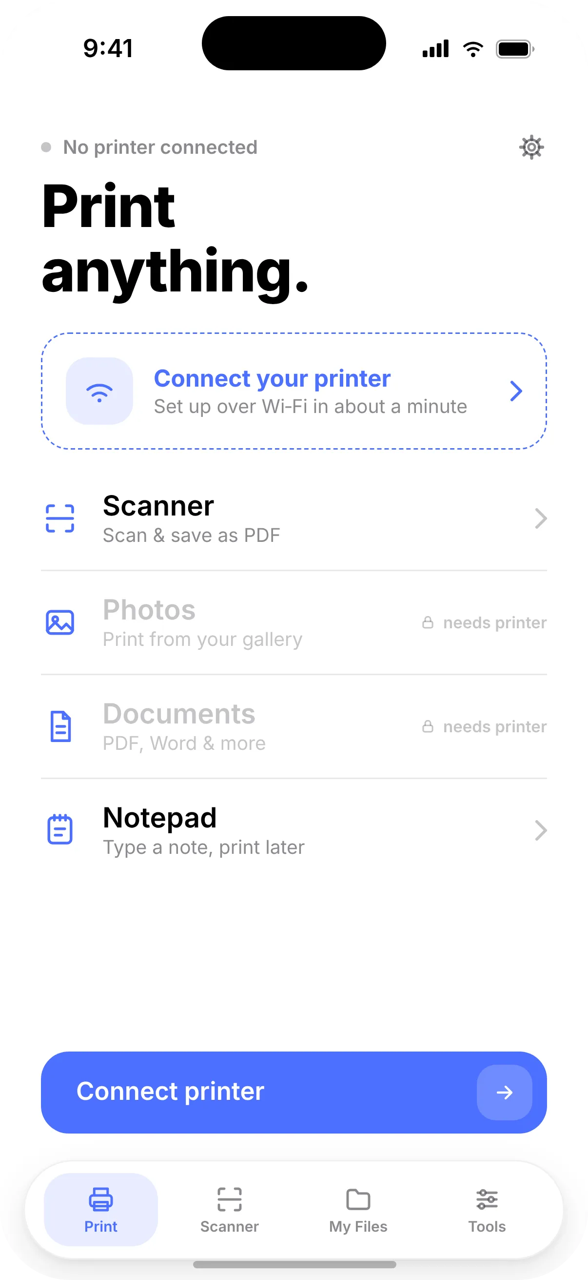 Printer app home screen with no printer connected and a “Connect your printer” prompt