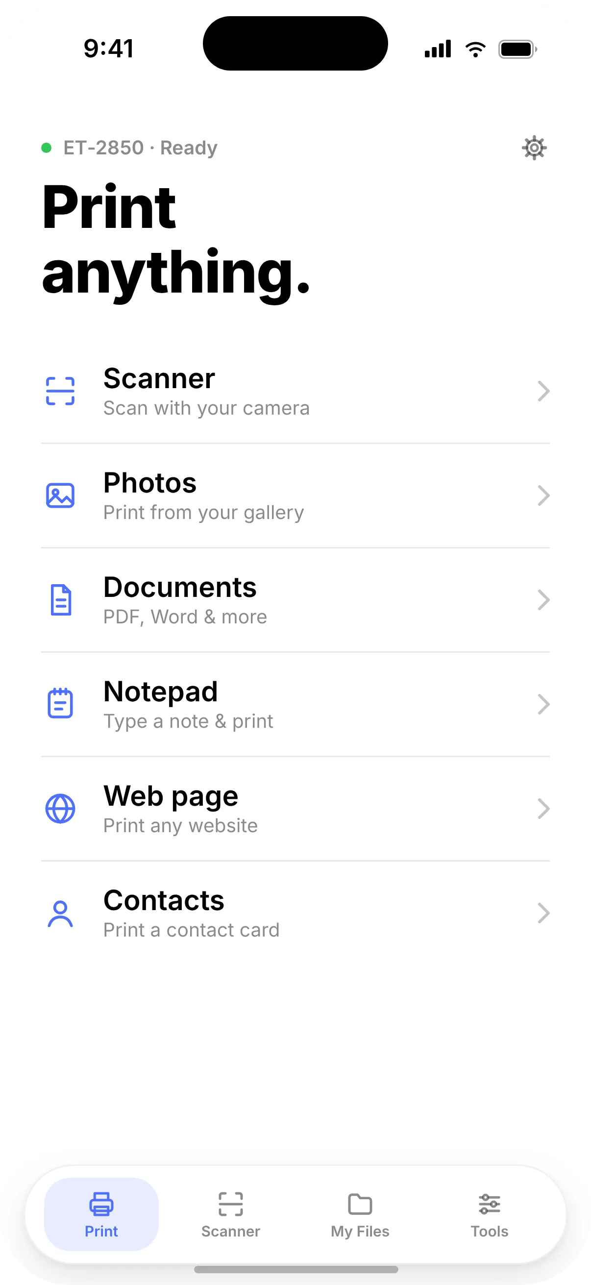 Printer app home screen: “Print anything.” with Scanner, Photos, Documents, Notepad, Web page and Contacts, and an Epson ET-2850 shown as ready