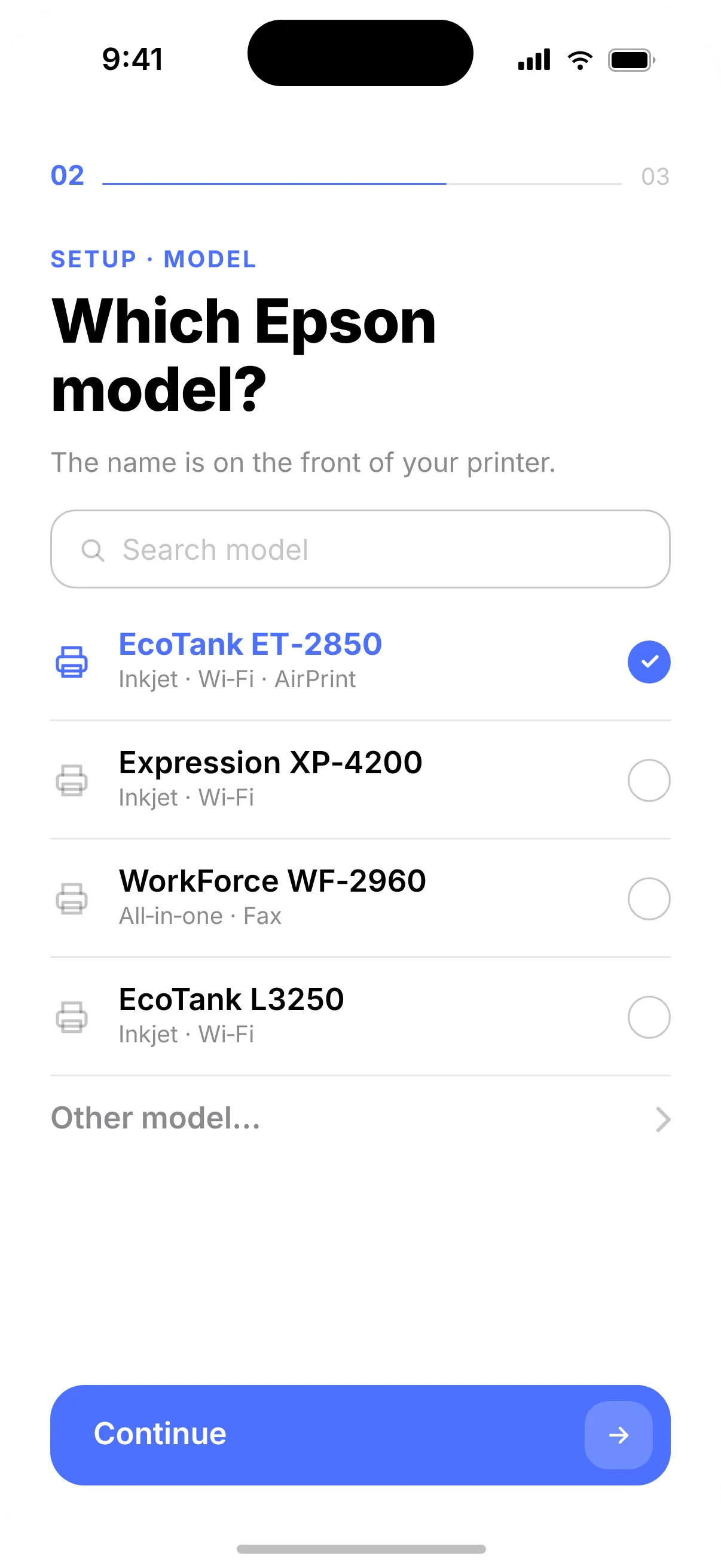 Setup step two in Printer: choosing an Epson model such as EcoTank ET-2850