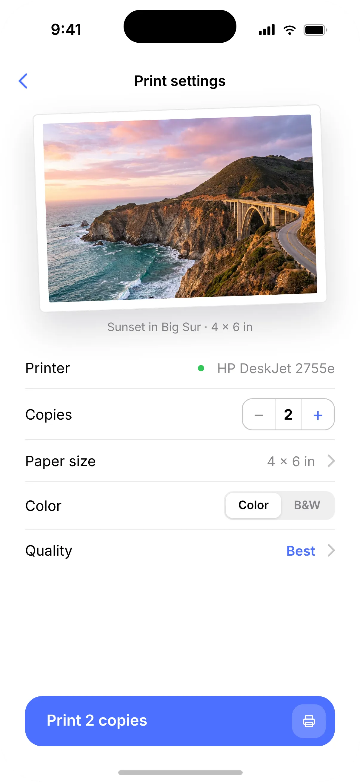Photo print settings in Printer: printer, copies, 4 × 6 in paper, color and quality