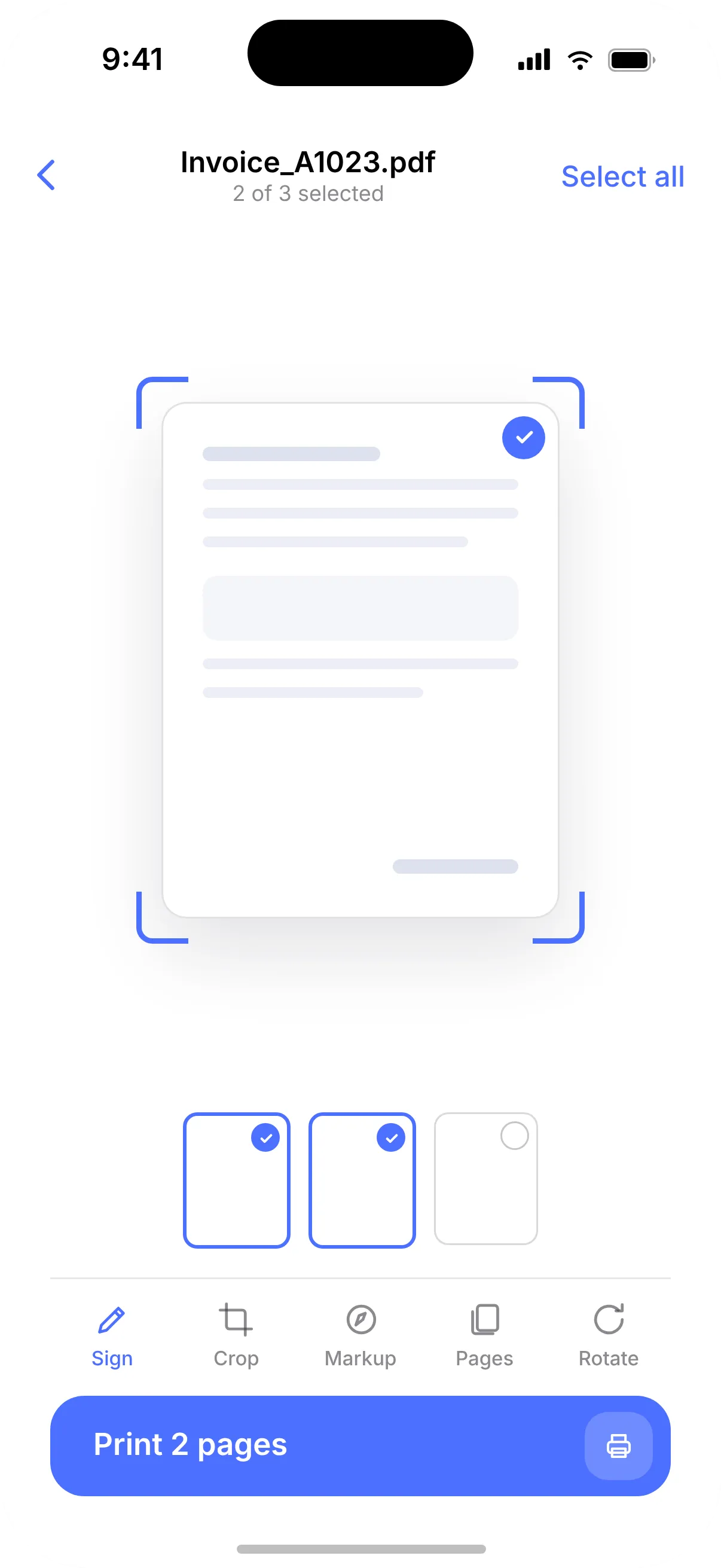 Document preview in Printer with two of three pages selected and Sign, Crop, Markup, Pages and Rotate tools