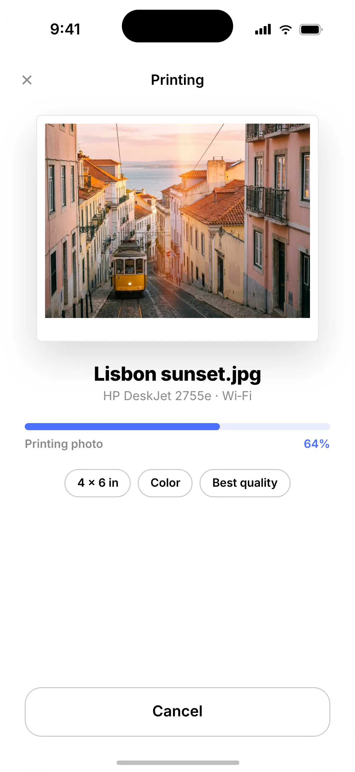 Printer sending a photo to an HP DeskJet 2755e, 64% printed