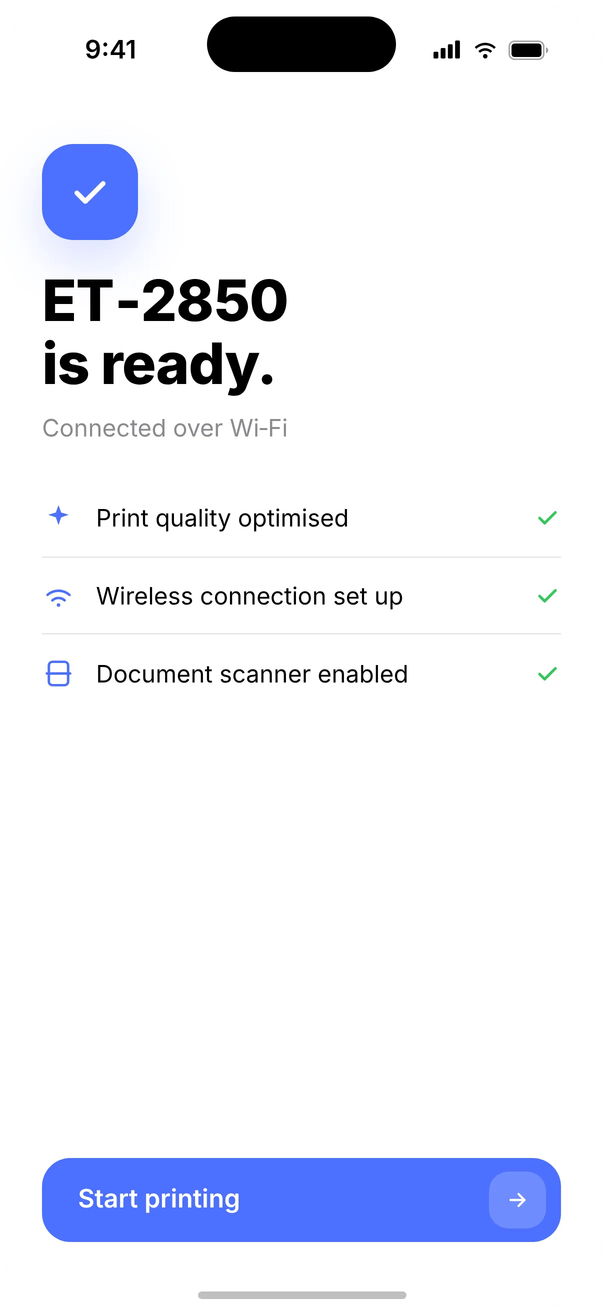 Printer confirming “ET-2850 is ready” with print quality, wireless connection and scanner set up