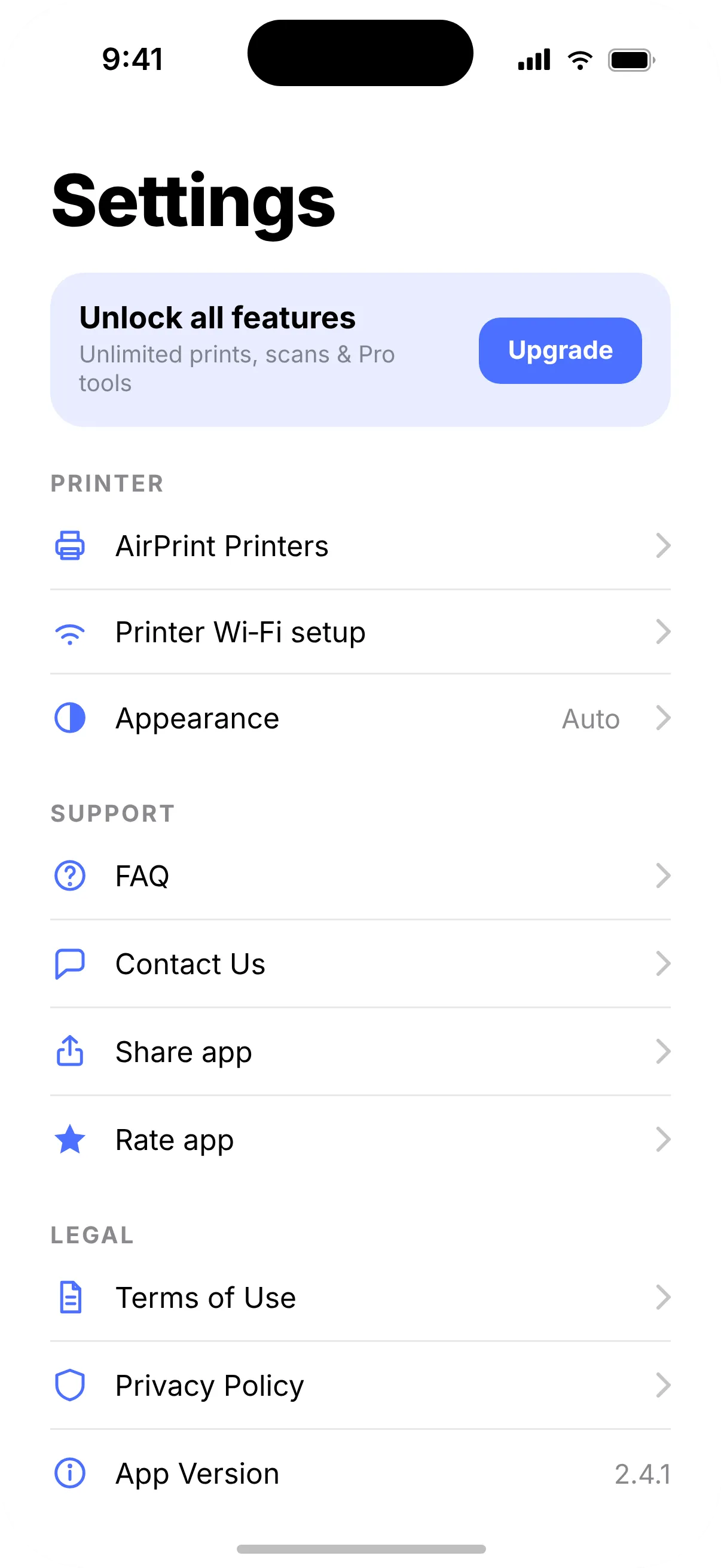 Printer settings with AirPrint printers, printer Wi-Fi setup and appearance