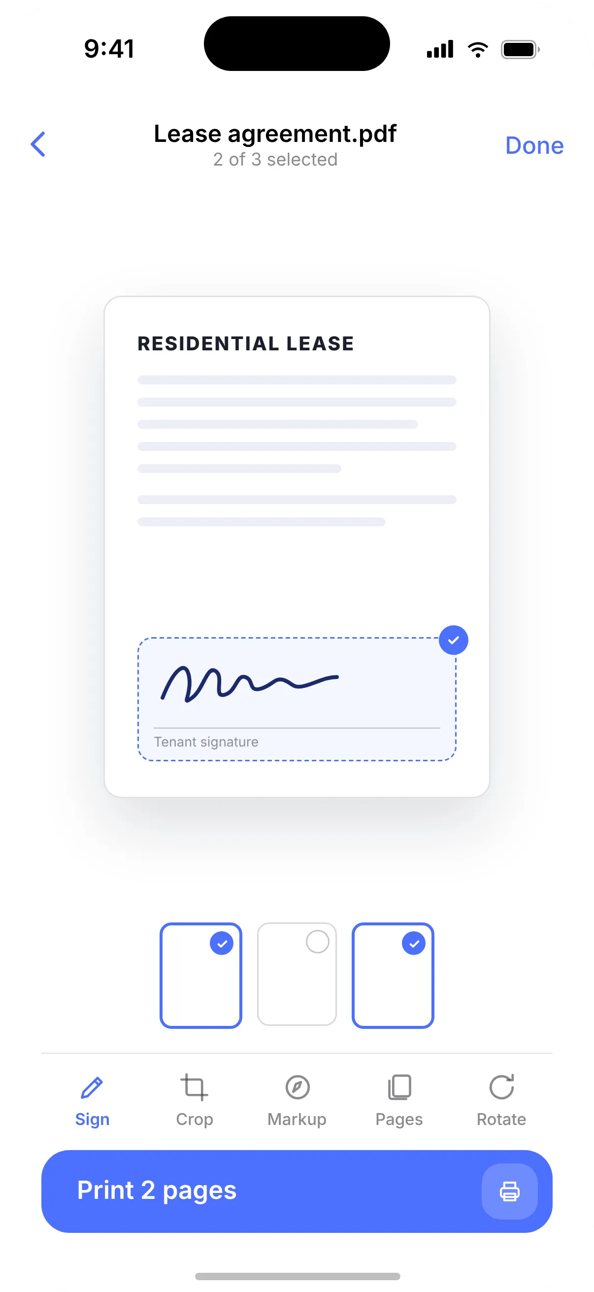 Signing a lease agreement in Printer before printing two of three pages