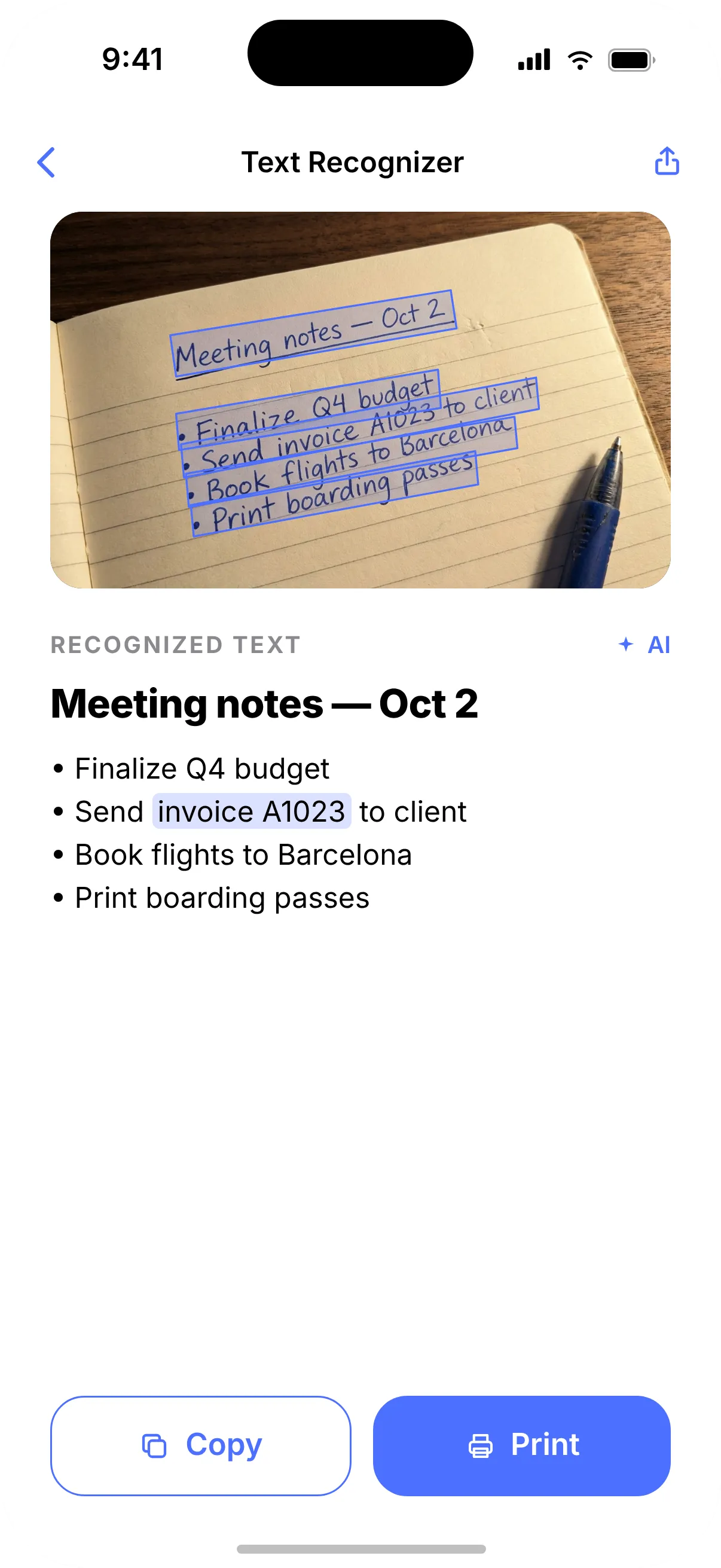 Printer’s Text Recognizer turning handwritten meeting notes into editable text