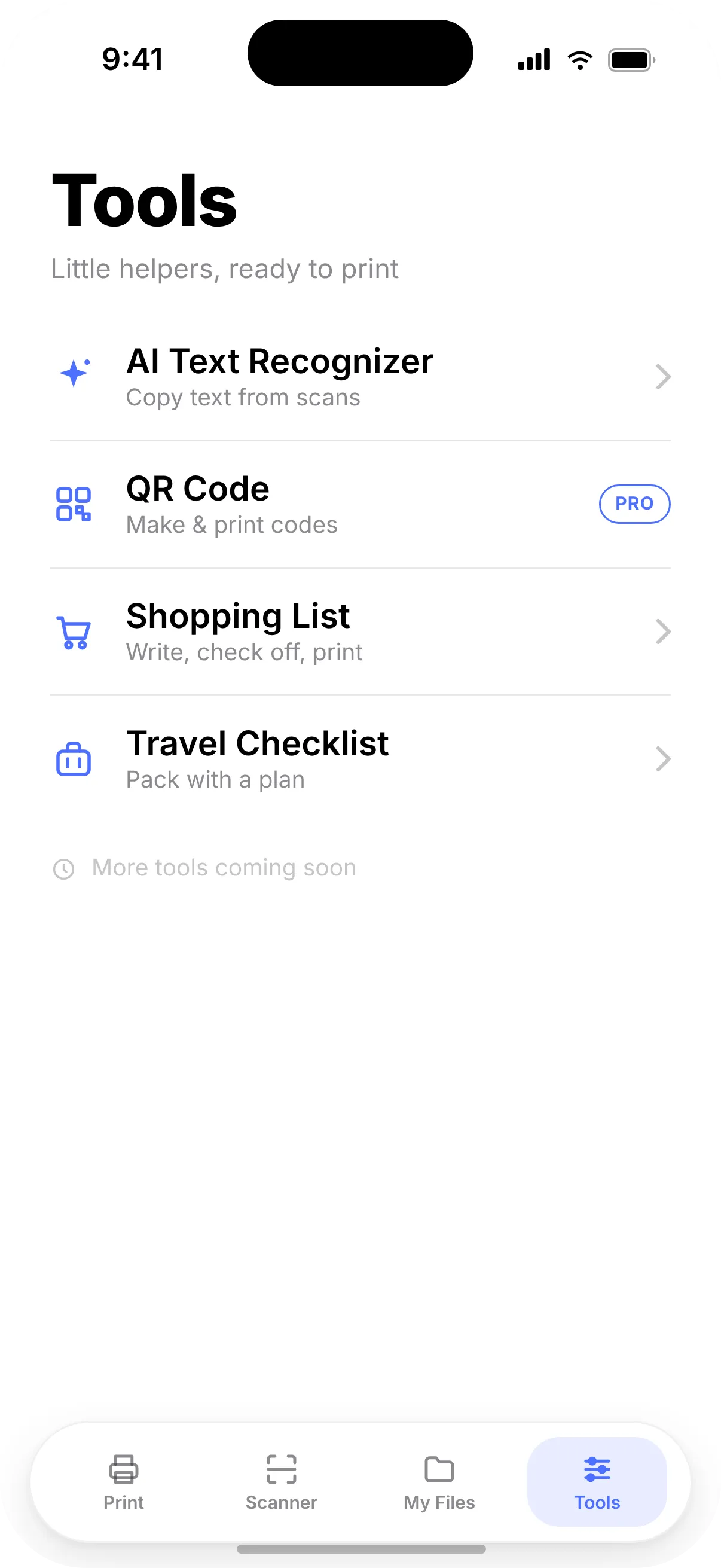 Tools tab in Printer: AI Text Recognizer, QR Code, Shopping List and Travel Checklist